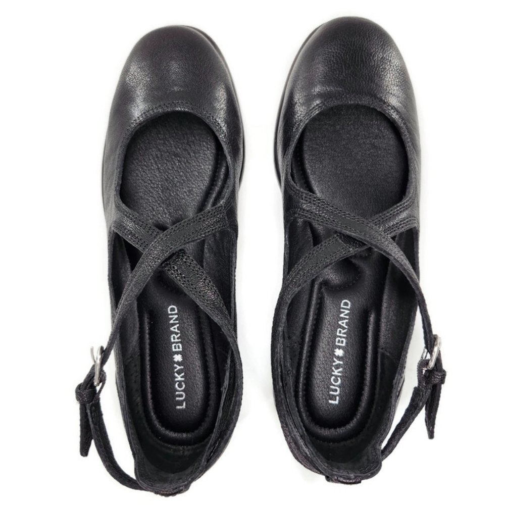 Lucky Brand Necia Black Leather Criss-Cross Mary-Jane Straps Round-Toe Flats - Picture 2 of 12